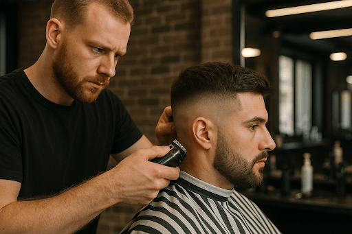 Barber giving a precision fade haircut in a hair studio in Cypress, TX.
