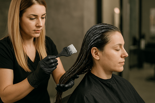 Stylist applying a deep-conditioning mask during a hair spa treatment in Cypress, TX.