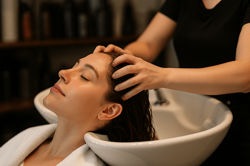 Client enjoying a relaxing scalp massage at a hair spa in Cypress, TX.