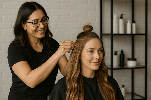 Stylist applying premium hair extensions to the client for added length.