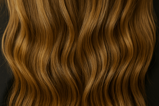 Close-up of blended hair extensions adding volume and dimension.